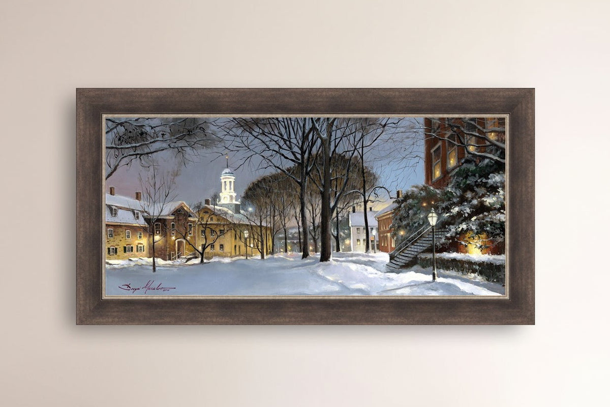 Snowy Winter Night, Moravian Academy scene with Moravian Church and trees.
