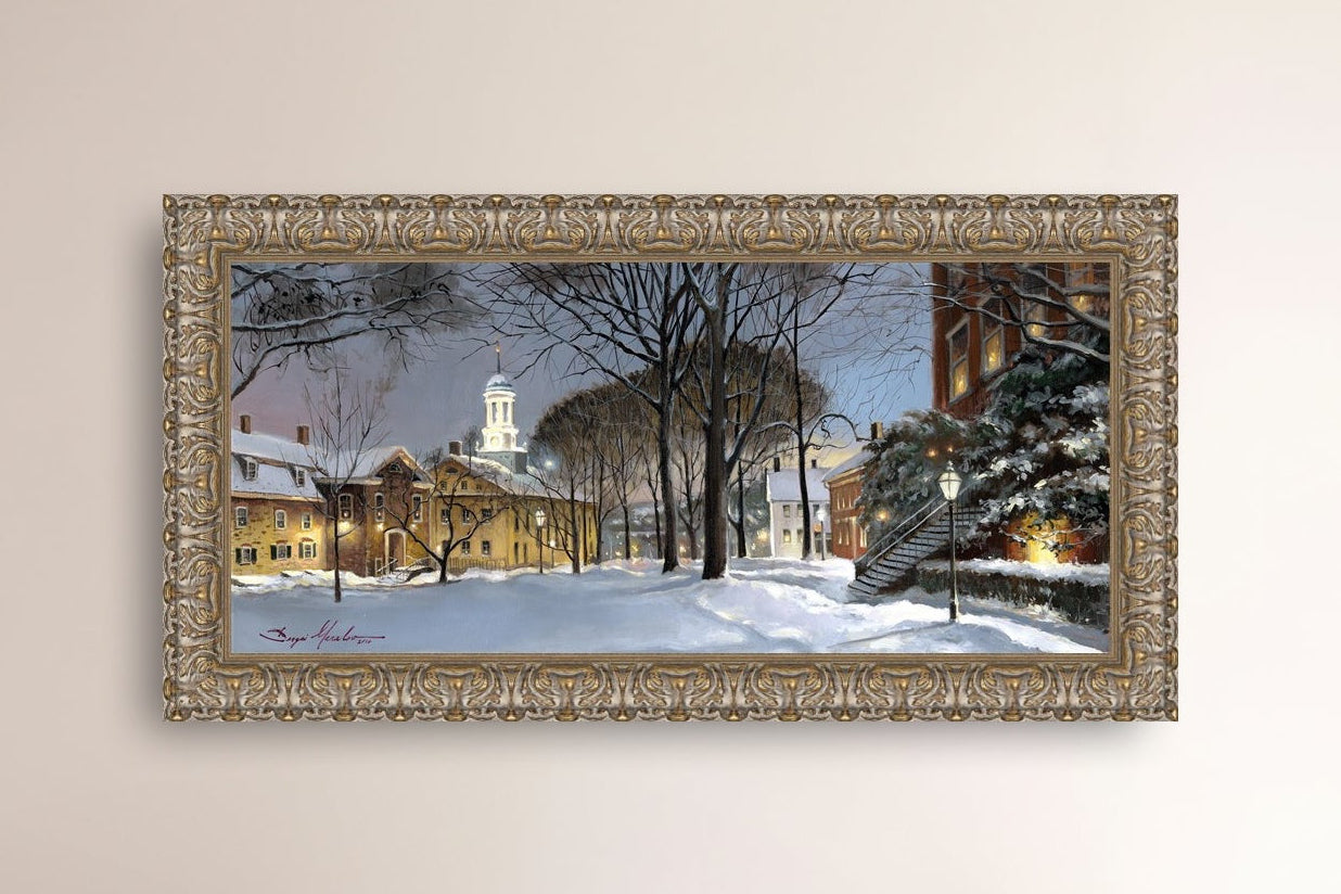 Snowy Winter Night, Moravian Academy scene with Moravian Church and trees.