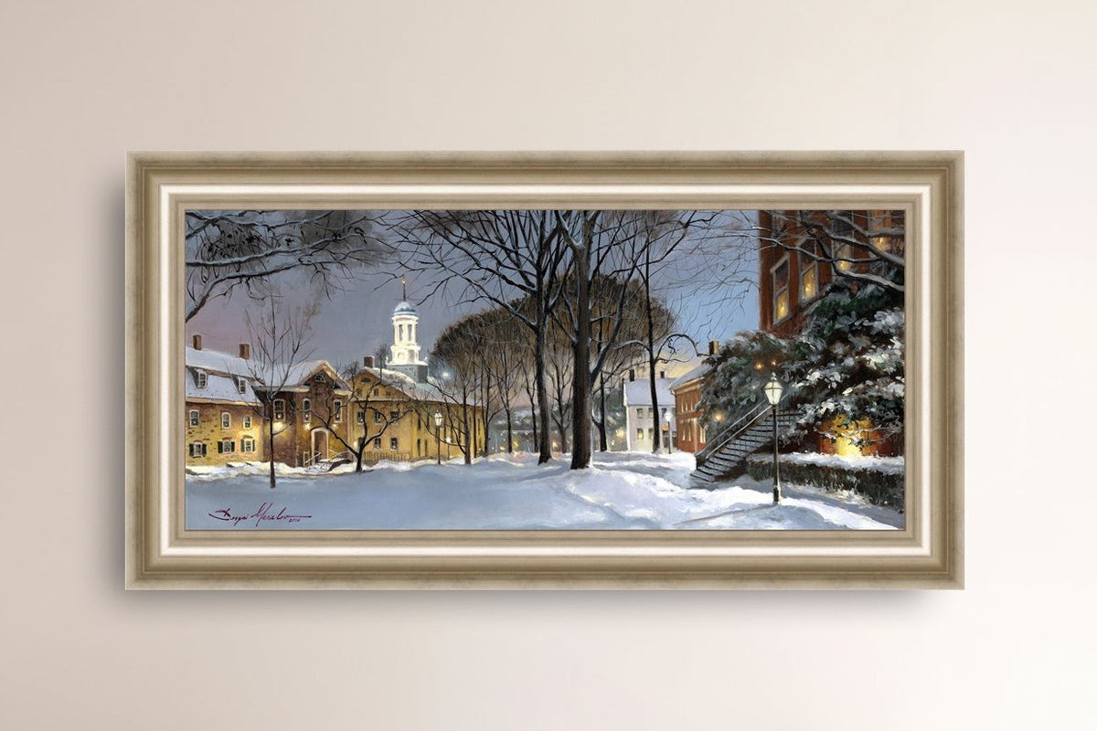Snowy Winter Night, Moravian Academy scene with Moravian Church and trees.