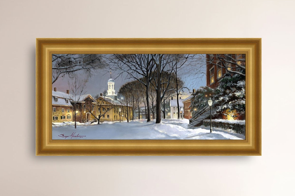 Snowy Winter Night, Moravian Academy scene with Moravian Church and trees.