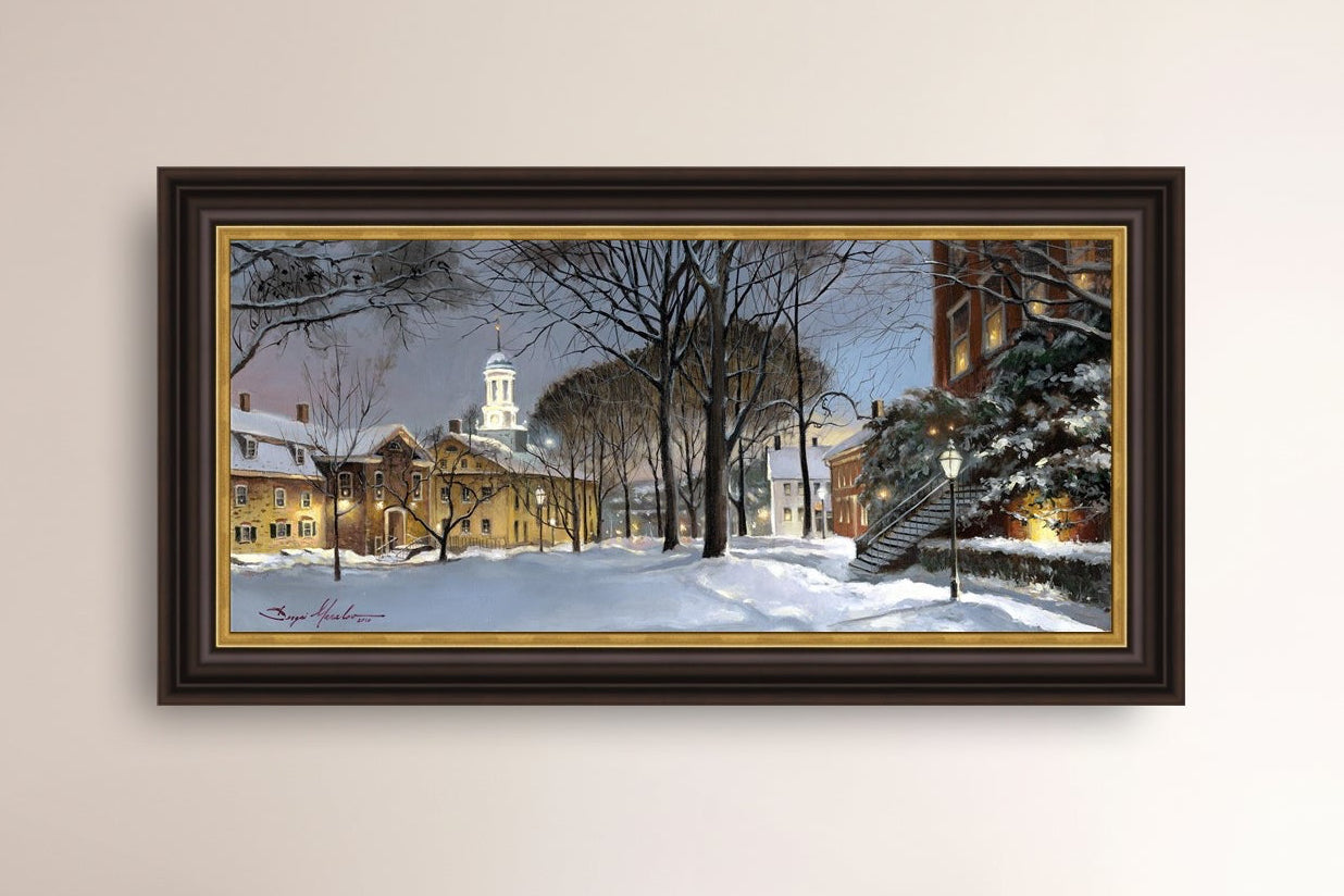 Snowy Winter Night, Moravian Academy scene with Moravian Church and trees.