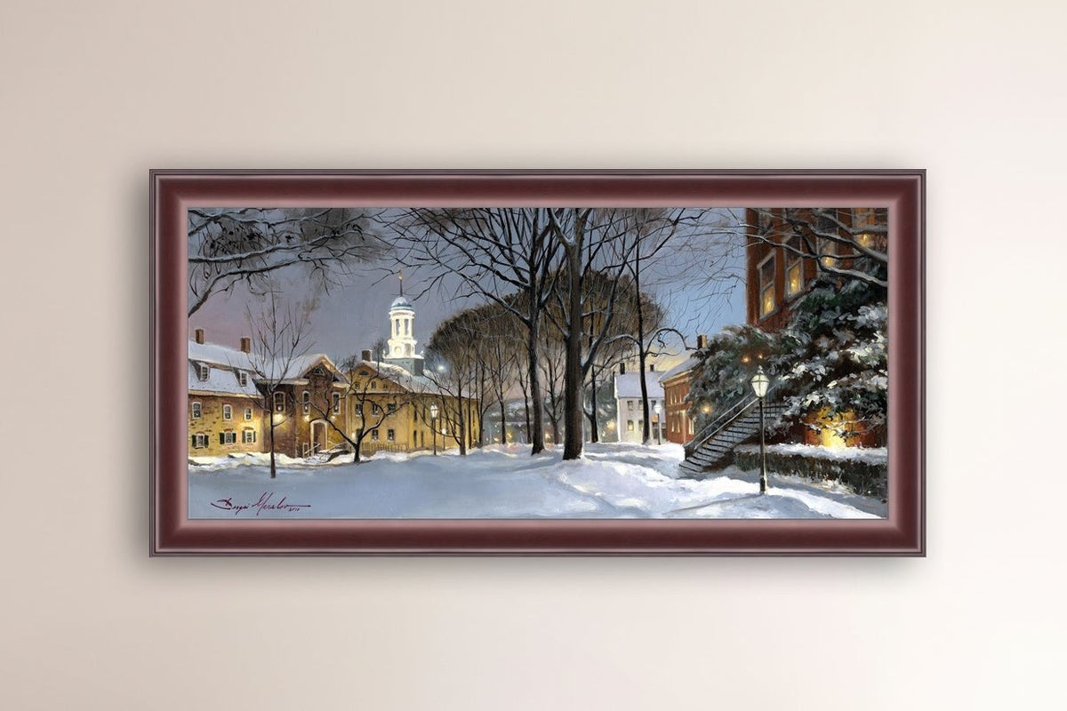 Snowy Winter Night, Moravian Academy scene with Moravian Church and trees.