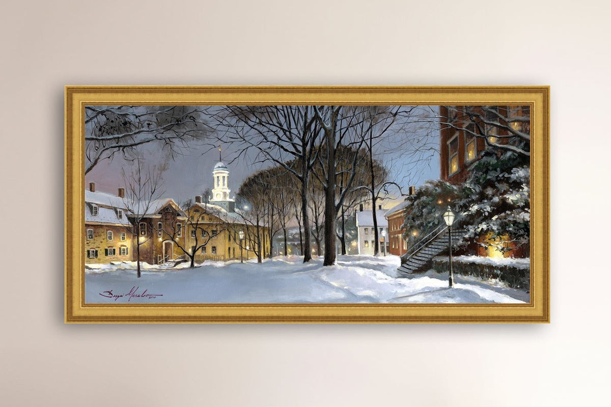 Snowy Winter Night, Moravian Academy scene with Moravian Church and trees.