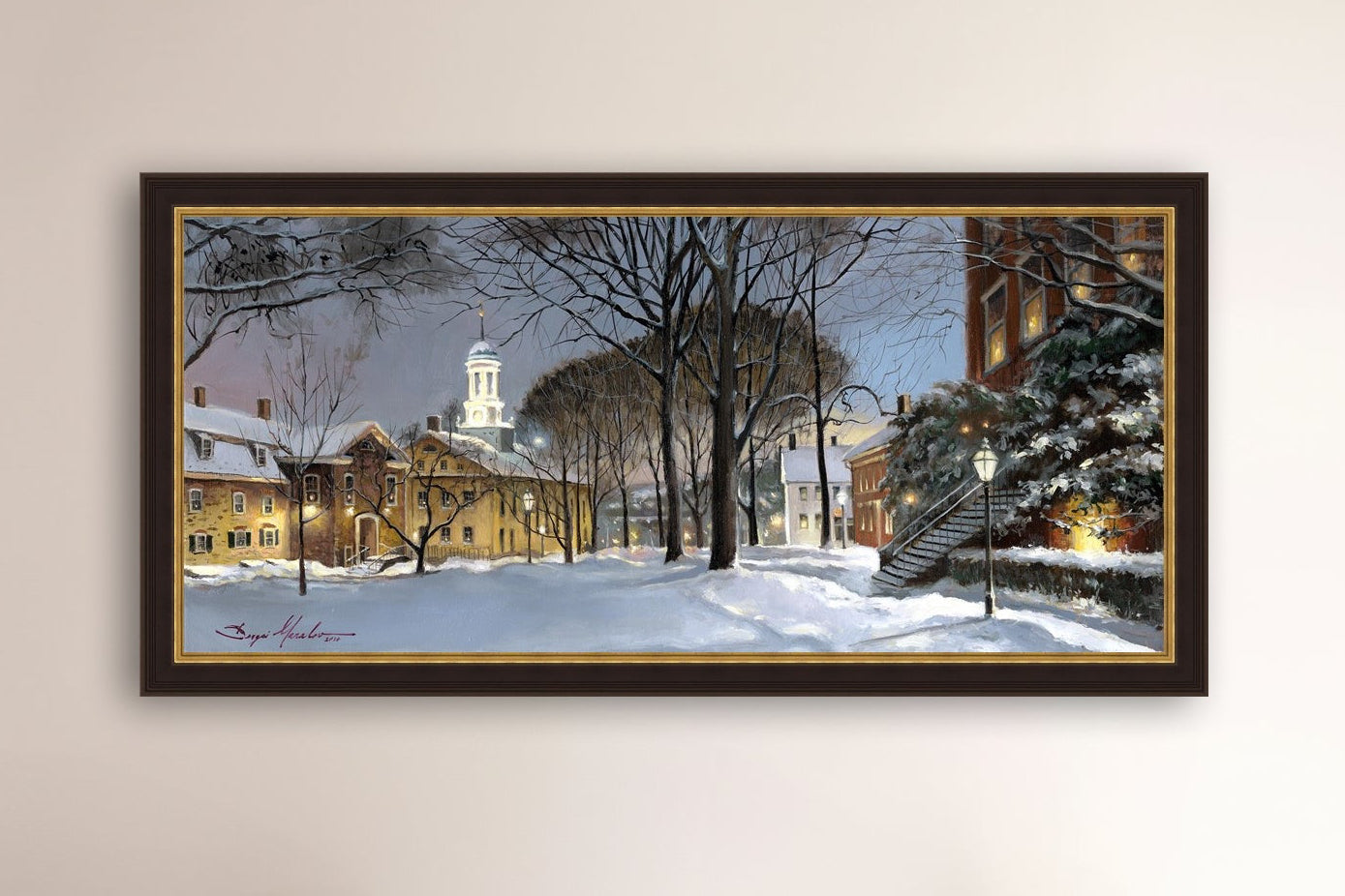 Snowy Winter Night, Moravian Academy scene with Moravian Church and trees.