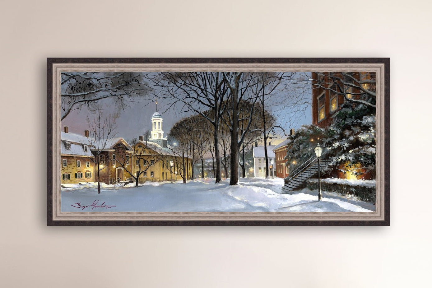 Snowy Winter Night, Moravian Academy scene with Moravian Church and trees.