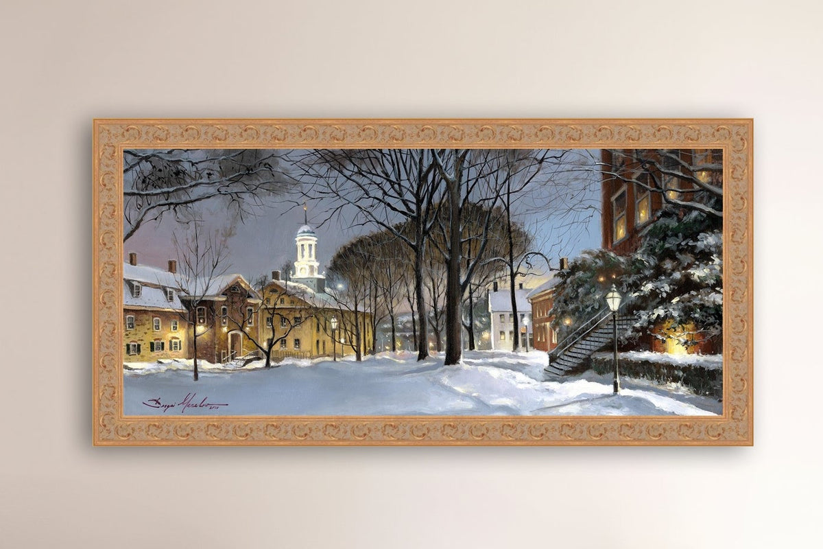 Snowy Winter Night, Moravian Academy scene with Moravian Church and trees.
