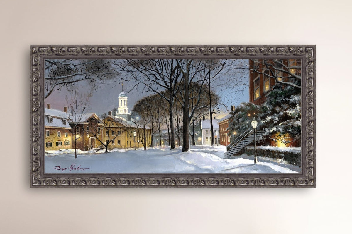 Snowy Winter Night, Moravian Academy scene with Moravian Church and trees.