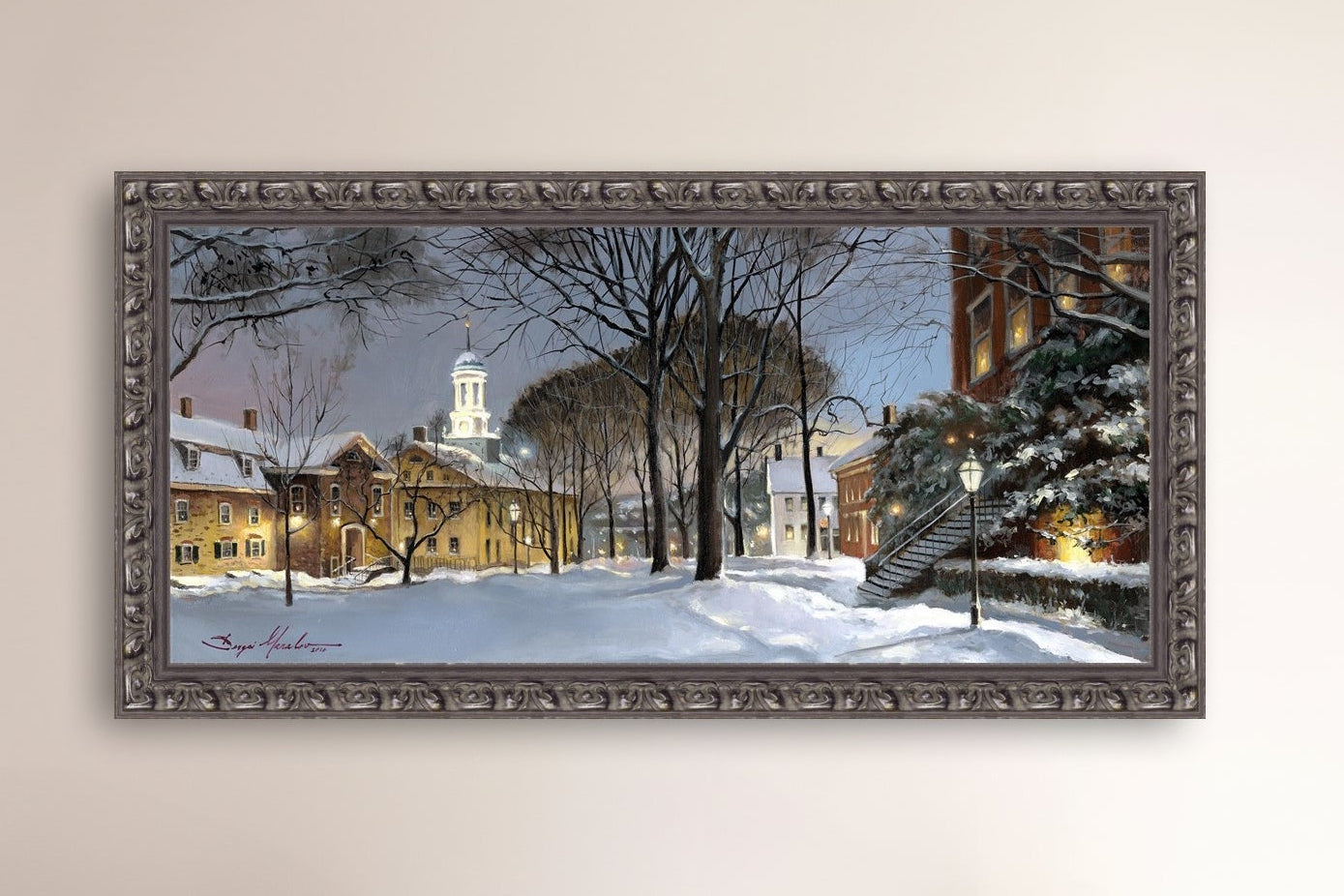 Snowy Winter Night, Moravian Academy scene with Moravian Church and trees.