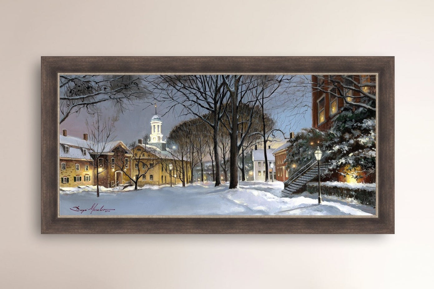 Snowy Winter Night, Moravian Academy scene with Moravian Church and trees.