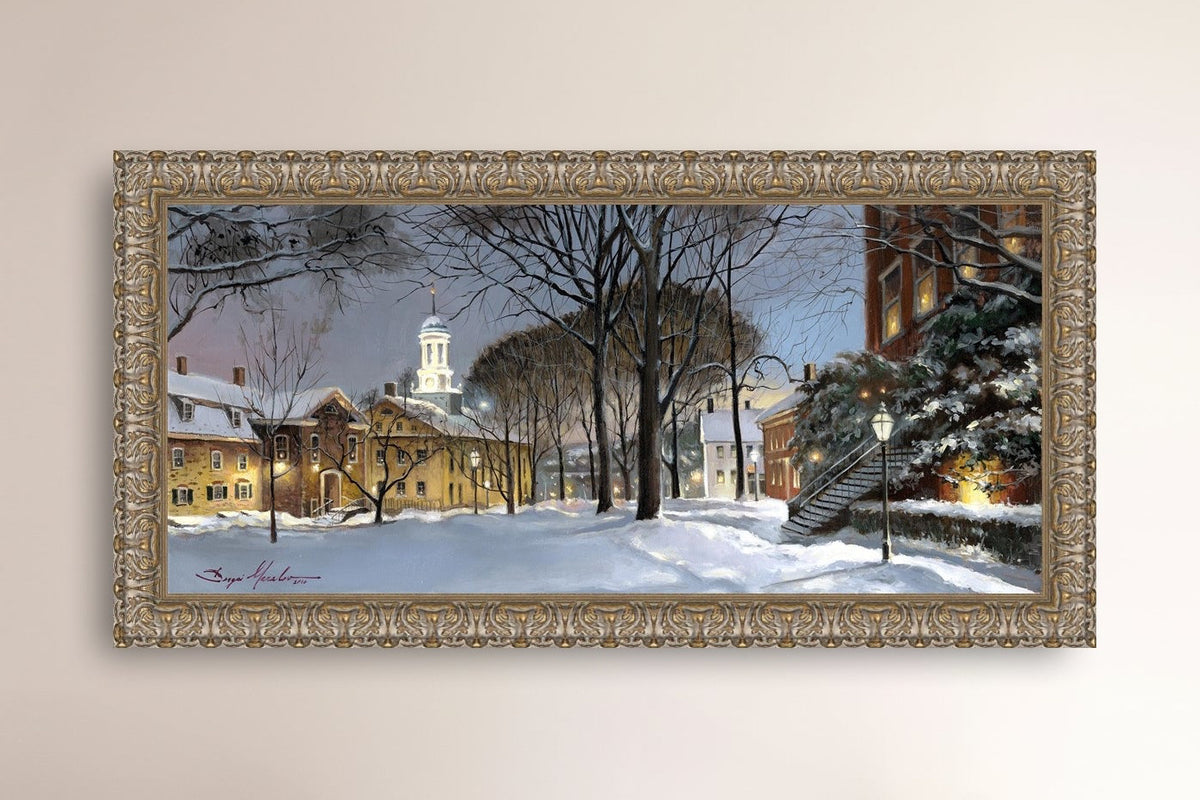 Snowy Winter Night, Moravian Academy scene with Moravian Church and trees.