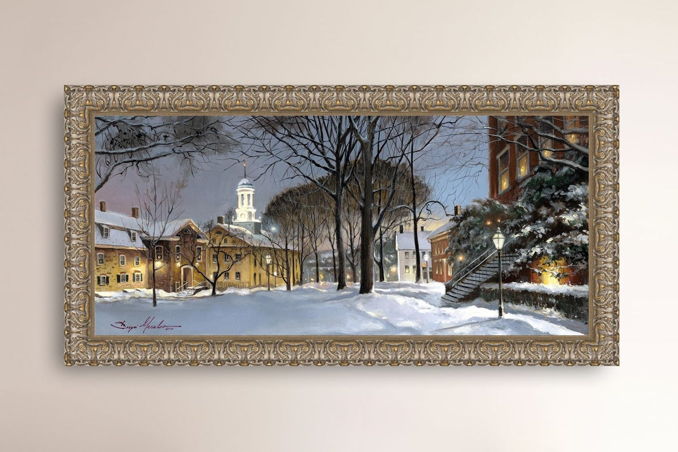 Snowy Winter Night, Moravian Academy scene with Moravian Church and trees.