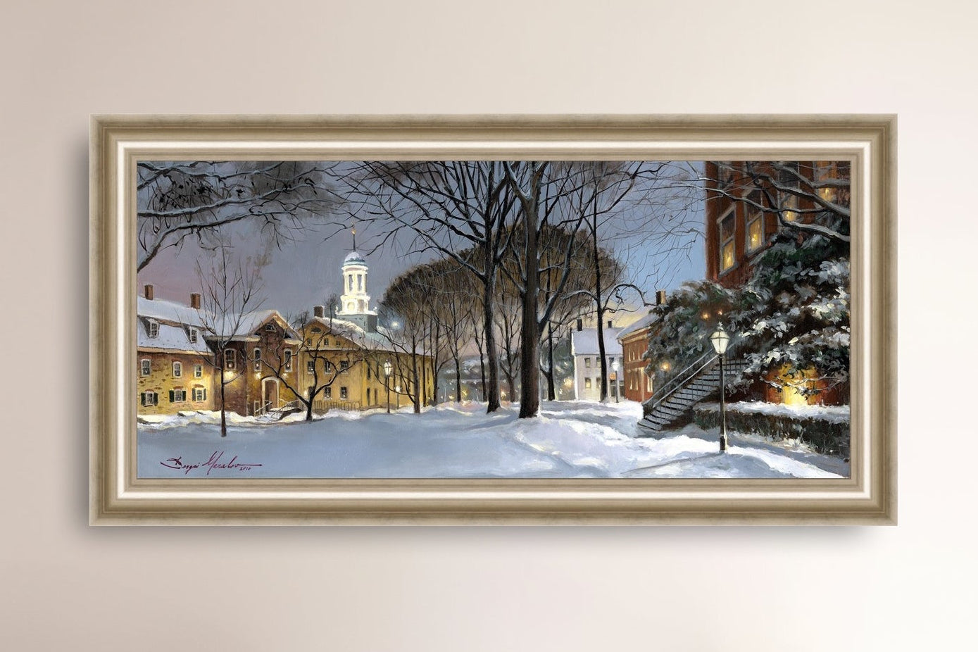 Snowy Winter Night, Moravian Academy scene with Moravian Church and trees.