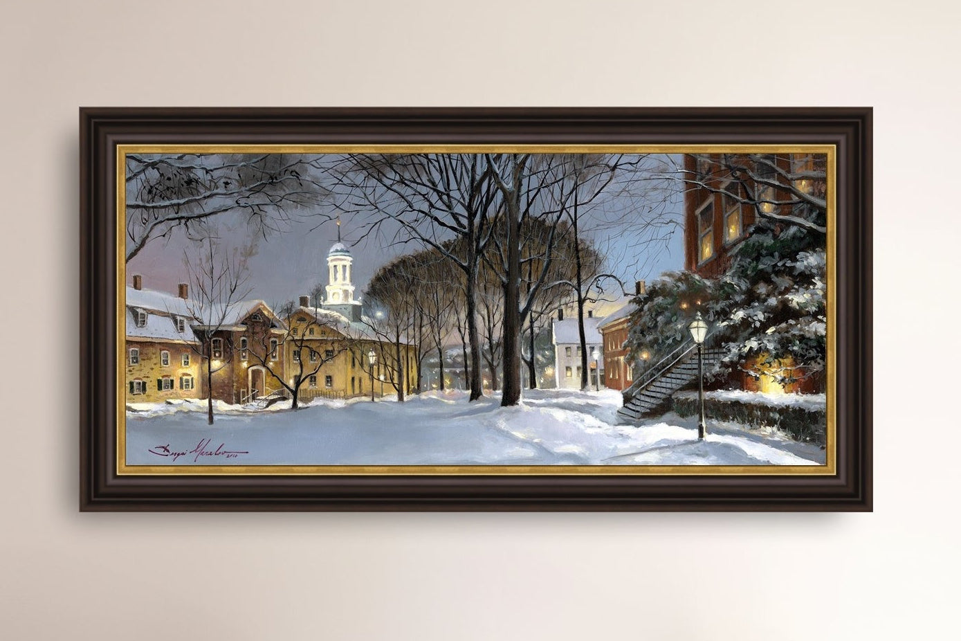 Snowy Winter Night, Moravian Academy scene with Moravian Church and trees.