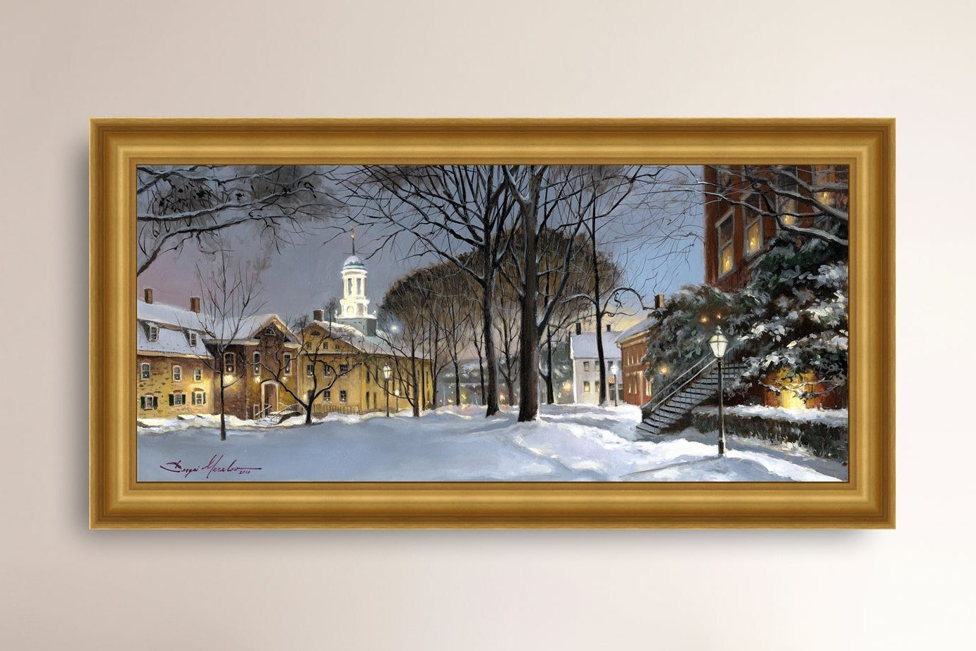 Snowy Winter Night, Moravian Academy scene with Moravian Church and trees.