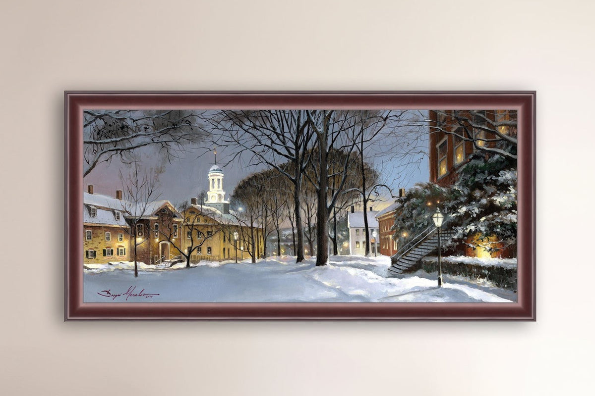 Snowy Winter Night, Moravian Academy scene with Moravian Church and trees.