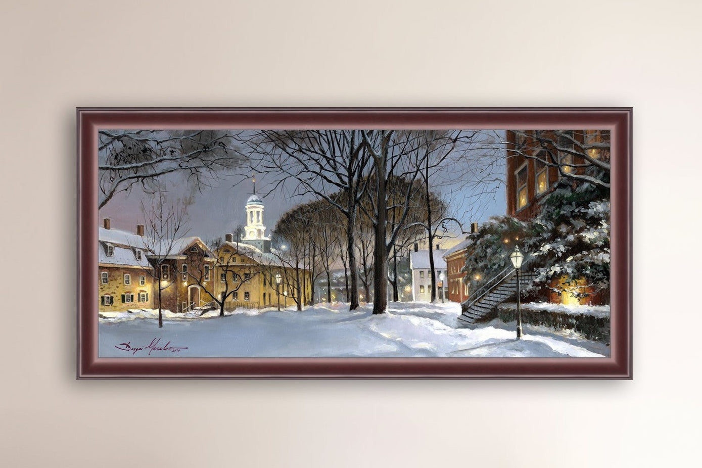 Snowy Winter Night, Moravian Academy scene with Moravian Church and trees.