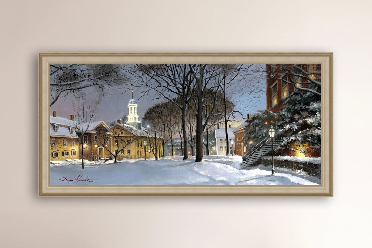 Snowy Winter Night, Moravian Academy scene with Moravian Church and trees.