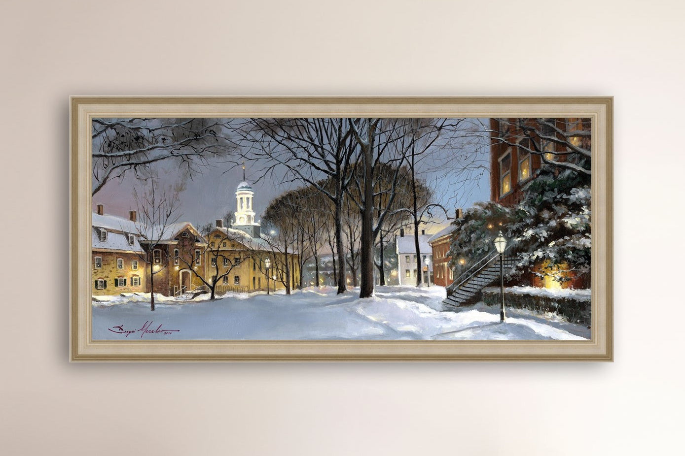 Snowy Winter Night, Moravian Academy scene with Moravian Church and trees.