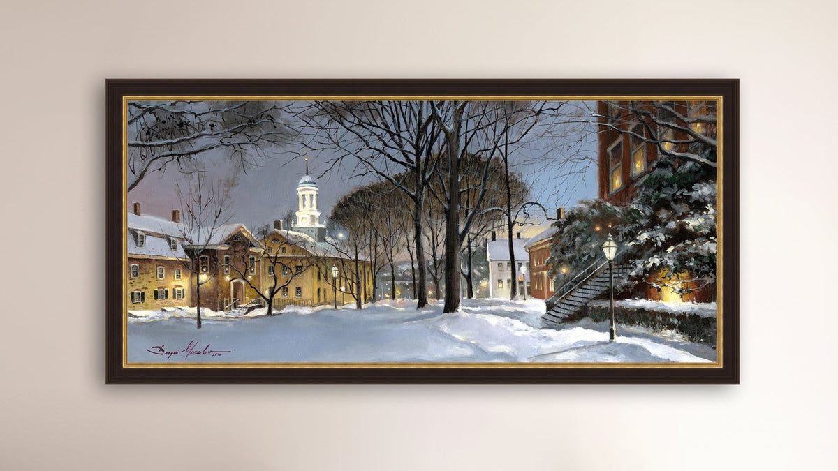 Snowy Winter Night, Moravian Academy scene with Moravian Church and trees.