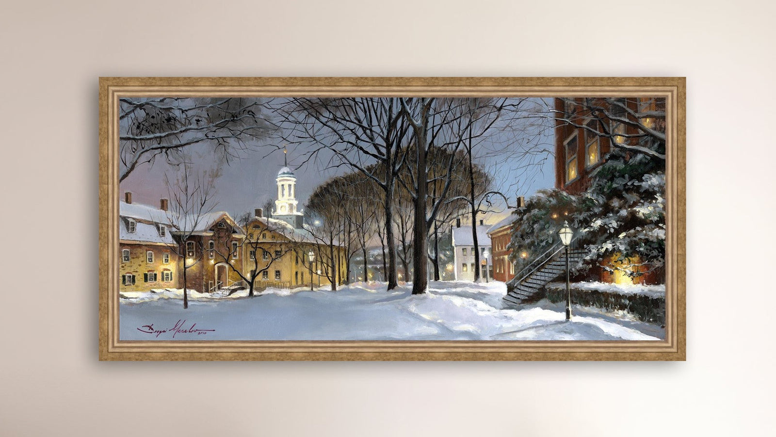 Snowy Winter Night, Moravian Academy scene with Moravian Church and trees.