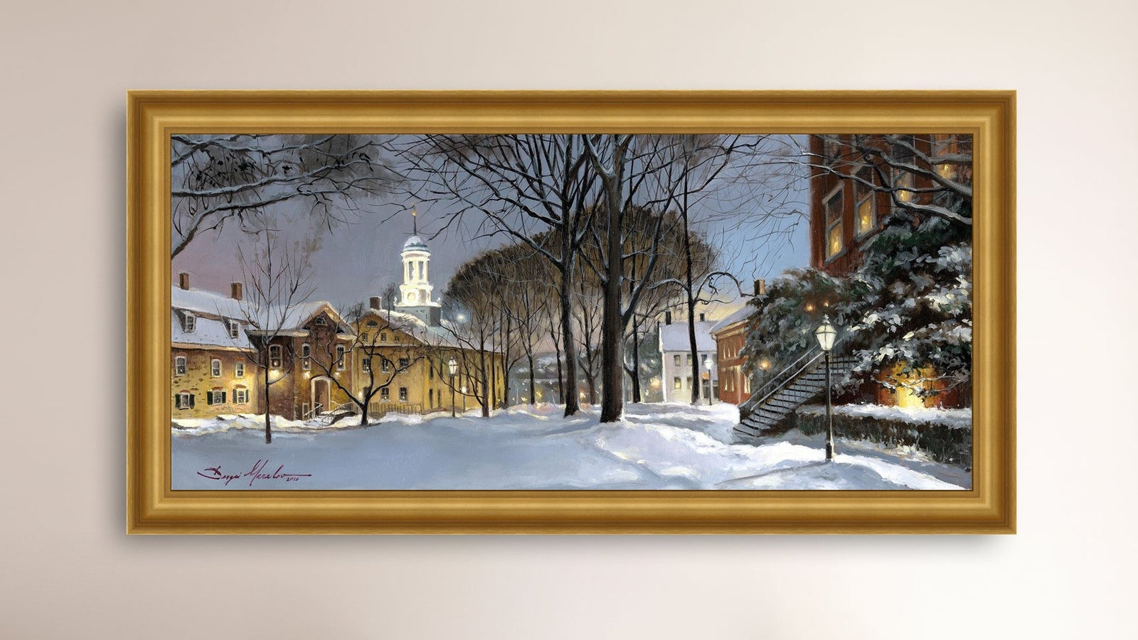 Snowy Winter Night, Moravian Academy scene with Moravian Church and trees.