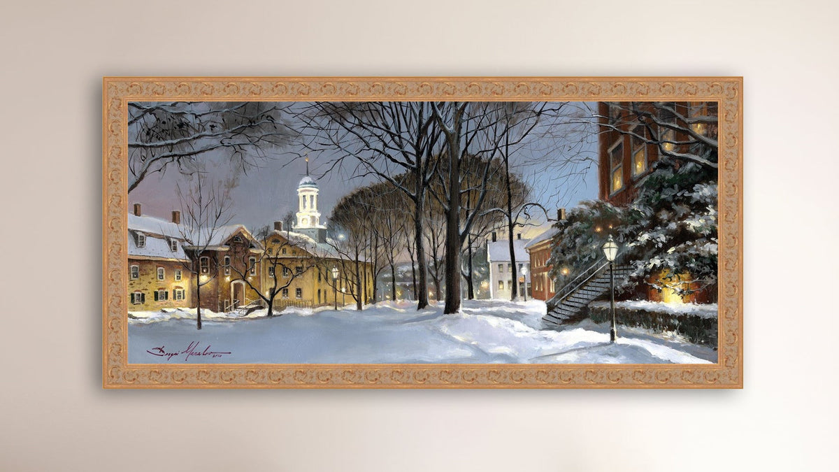 Snowy Winter Night, Moravian Academy scene with Moravian Church and trees.