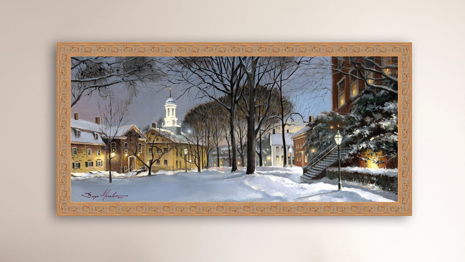 Snowy Winter Night, Moravian Academy scene with Moravian Church and trees.
