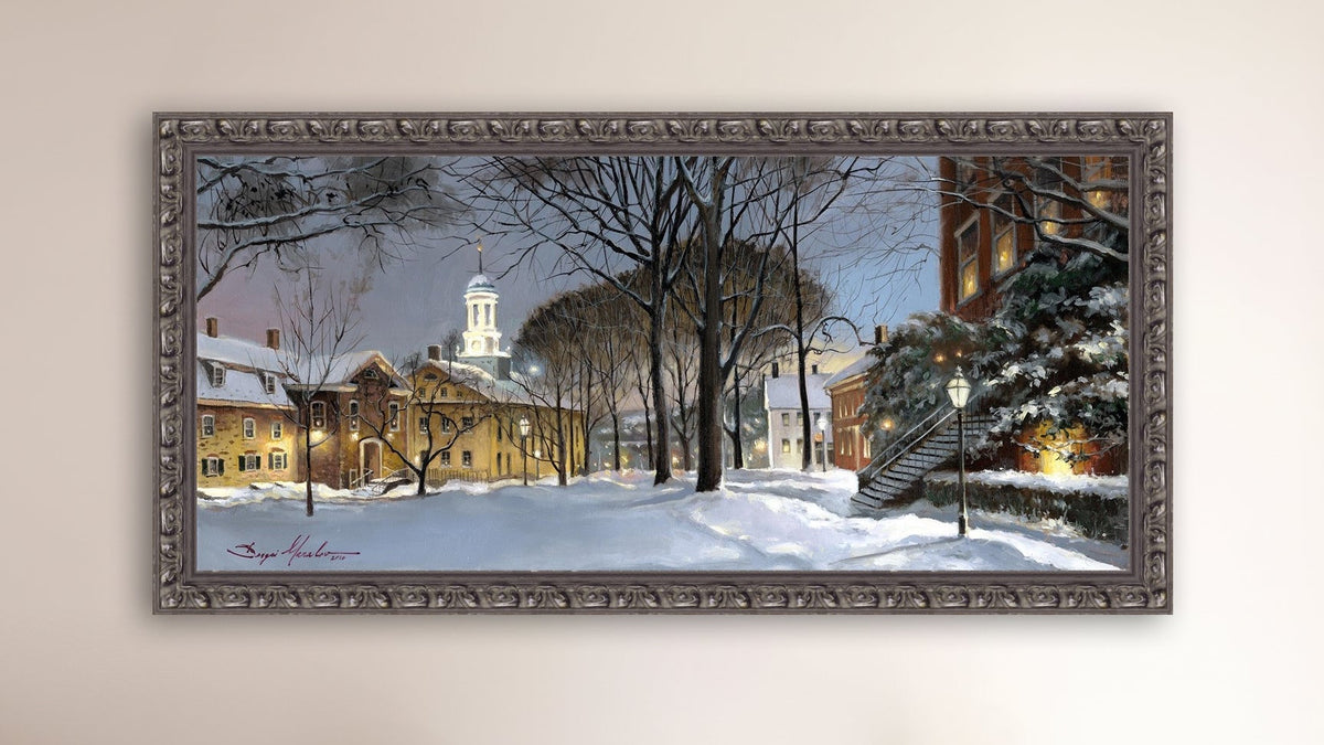 Snowy Winter Night, Moravian Academy scene with Moravian Church and trees.