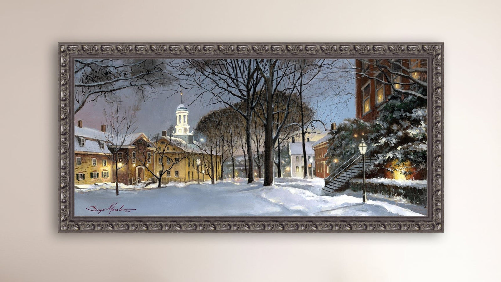 Snowy Winter Night, Moravian Academy scene with Moravian Church and trees.