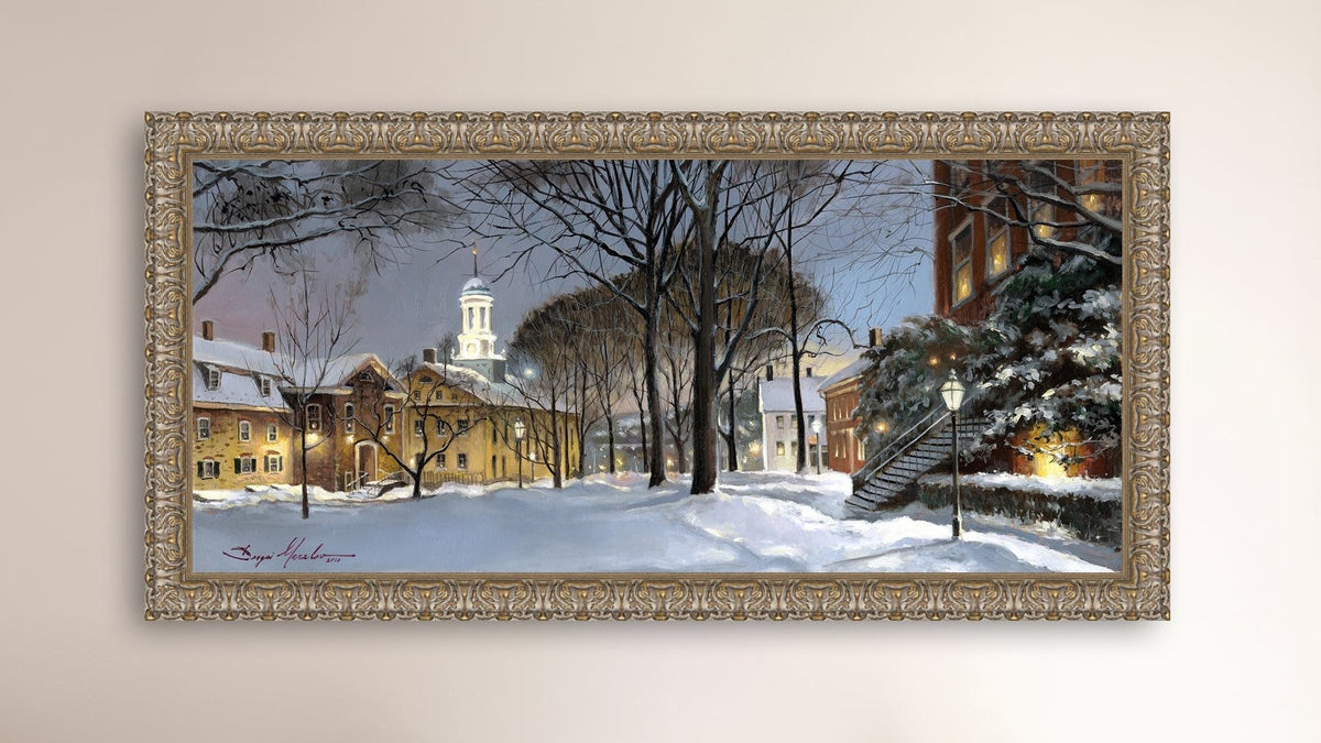 Snowy Winter Night, Moravian Academy scene with Moravian Church and trees.