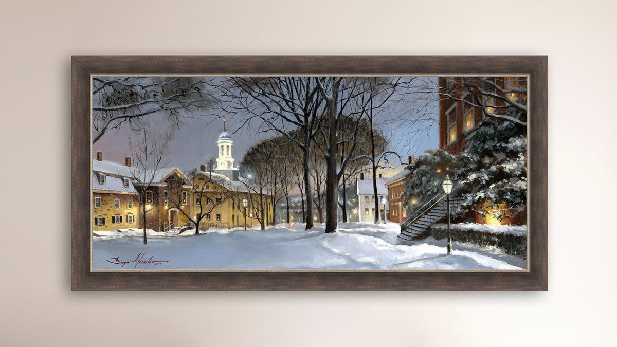 Snowy Winter Night, Moravian Academy scene with Moravian Church and trees.