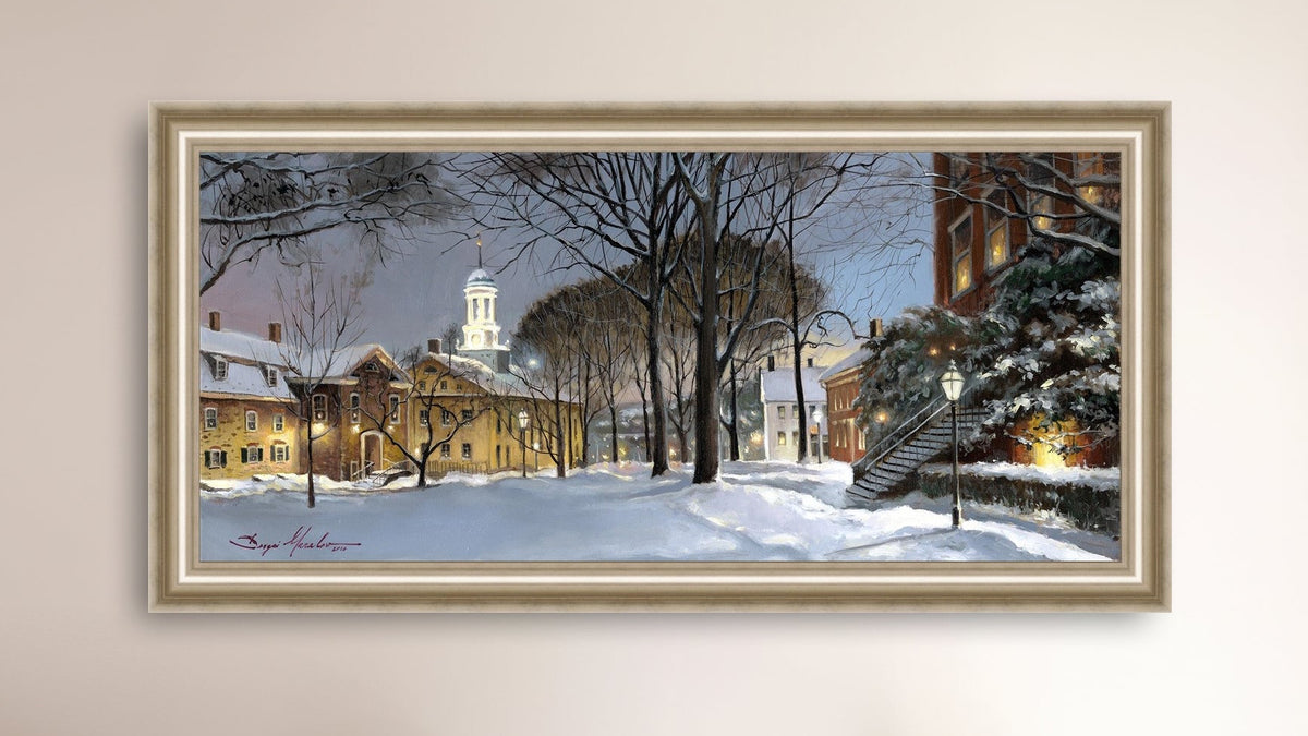 Snowy Winter Night, Moravian Academy scene with Moravian Church and trees.