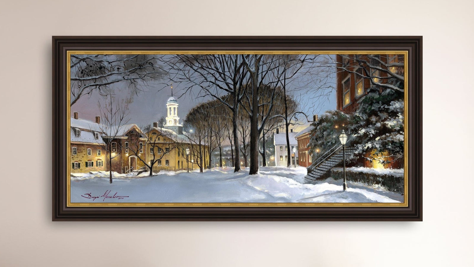 Snowy Winter Night, Moravian Academy scene with Moravian Church and trees.