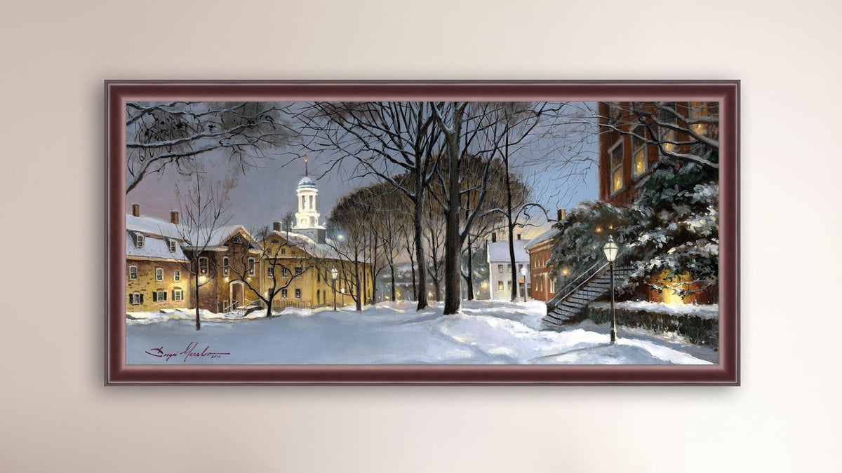 Snowy Winter Night, Moravian Academy scene with Moravian Church and trees.