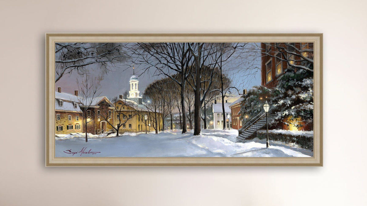 Snowy Winter Night, Moravian Academy scene with Moravian Church and trees.
