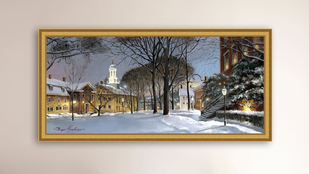 Snowy Winter Night, Moravian Academy scene with Moravian Church and trees.