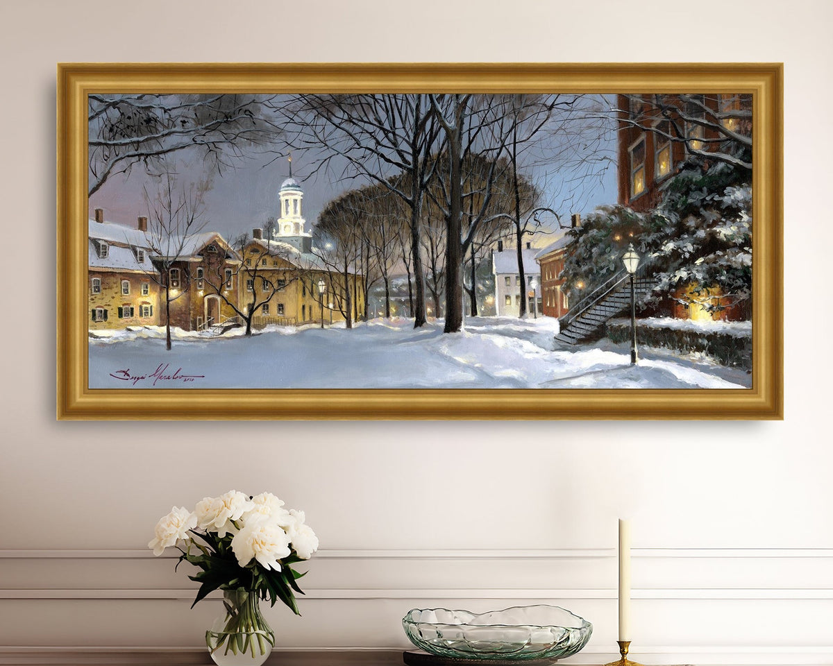 Snowy Winter Night, Moravian Academy scene with Moravian Church and trees.