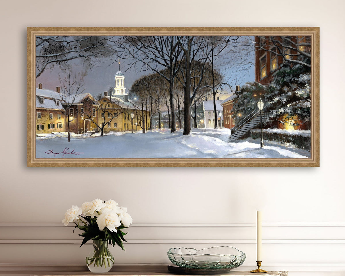 Snowy Winter Night, Moravian Academy scene with Moravian Church and trees.