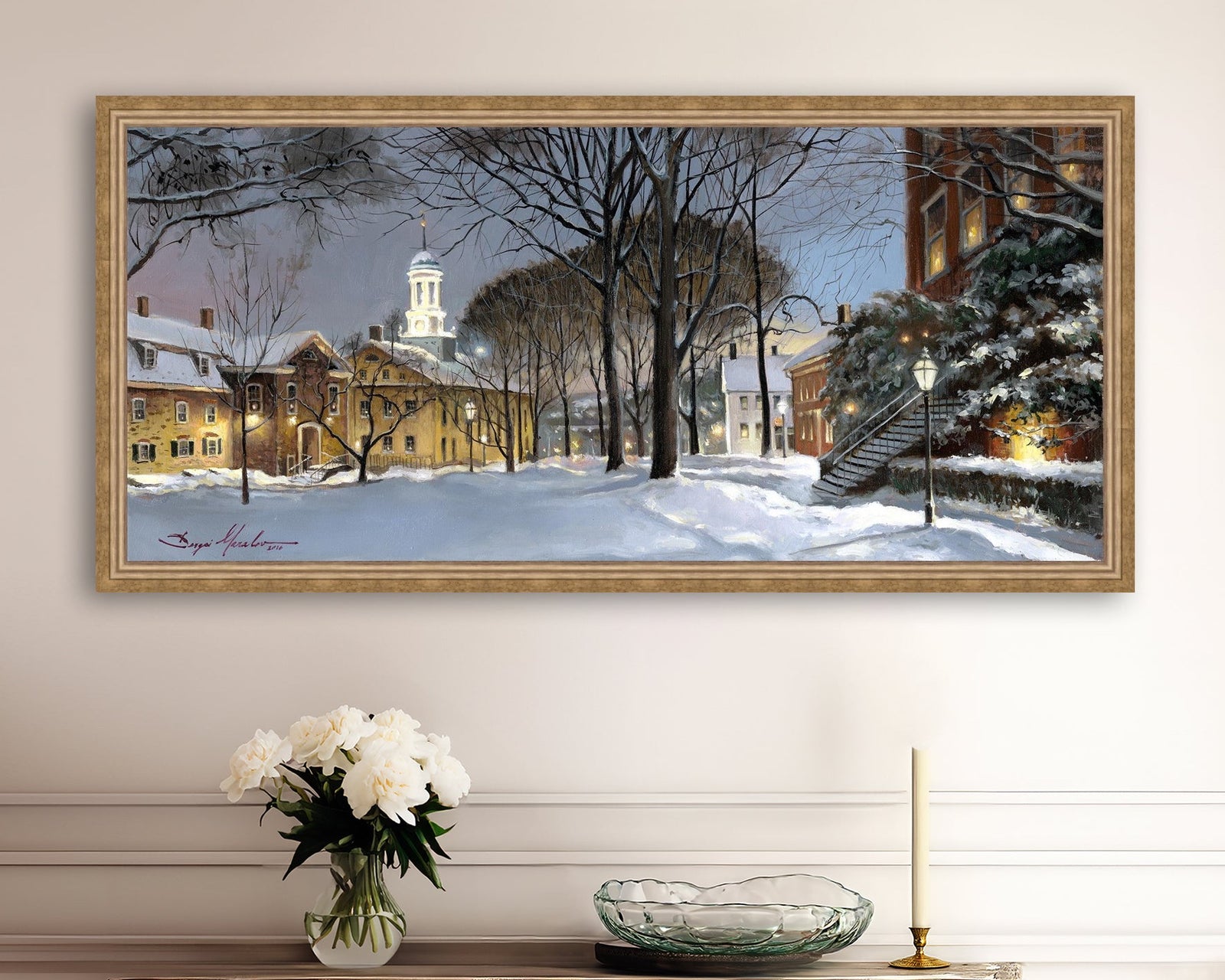 Snowy Winter Night, Moravian Academy scene with Moravian Church and trees.