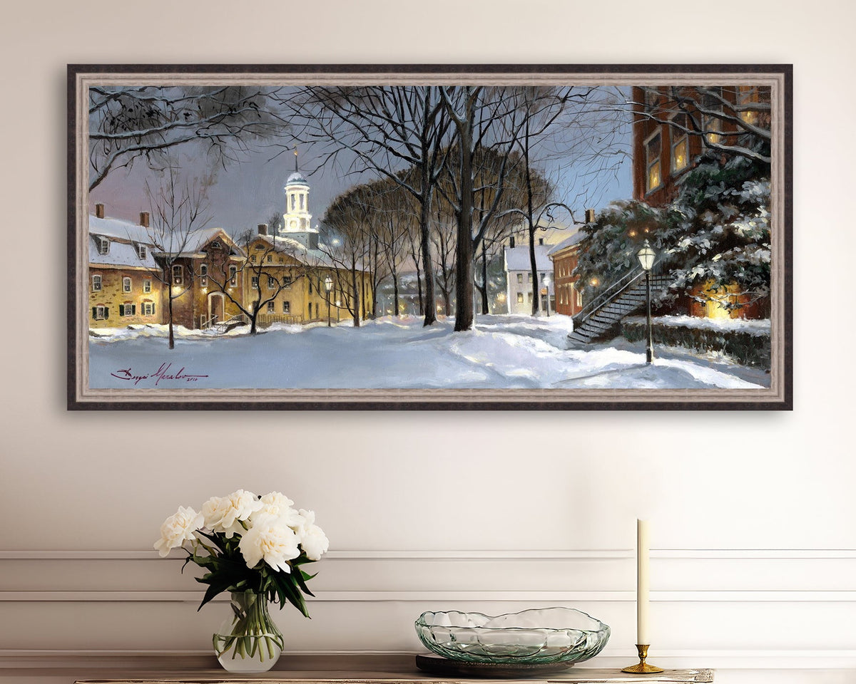 Snowy Winter Night, Moravian Academy scene with Moravian Church and trees.