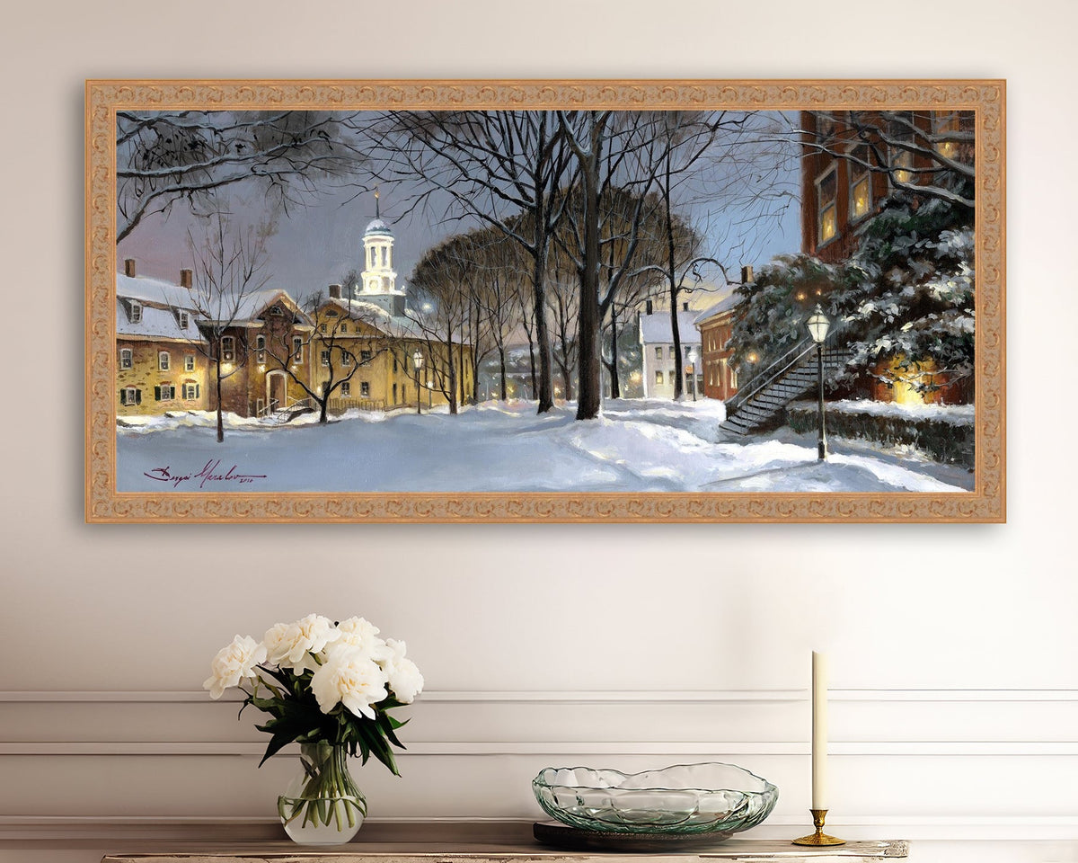 Snowy Winter Night, Moravian Academy scene with Moravian Church and trees.