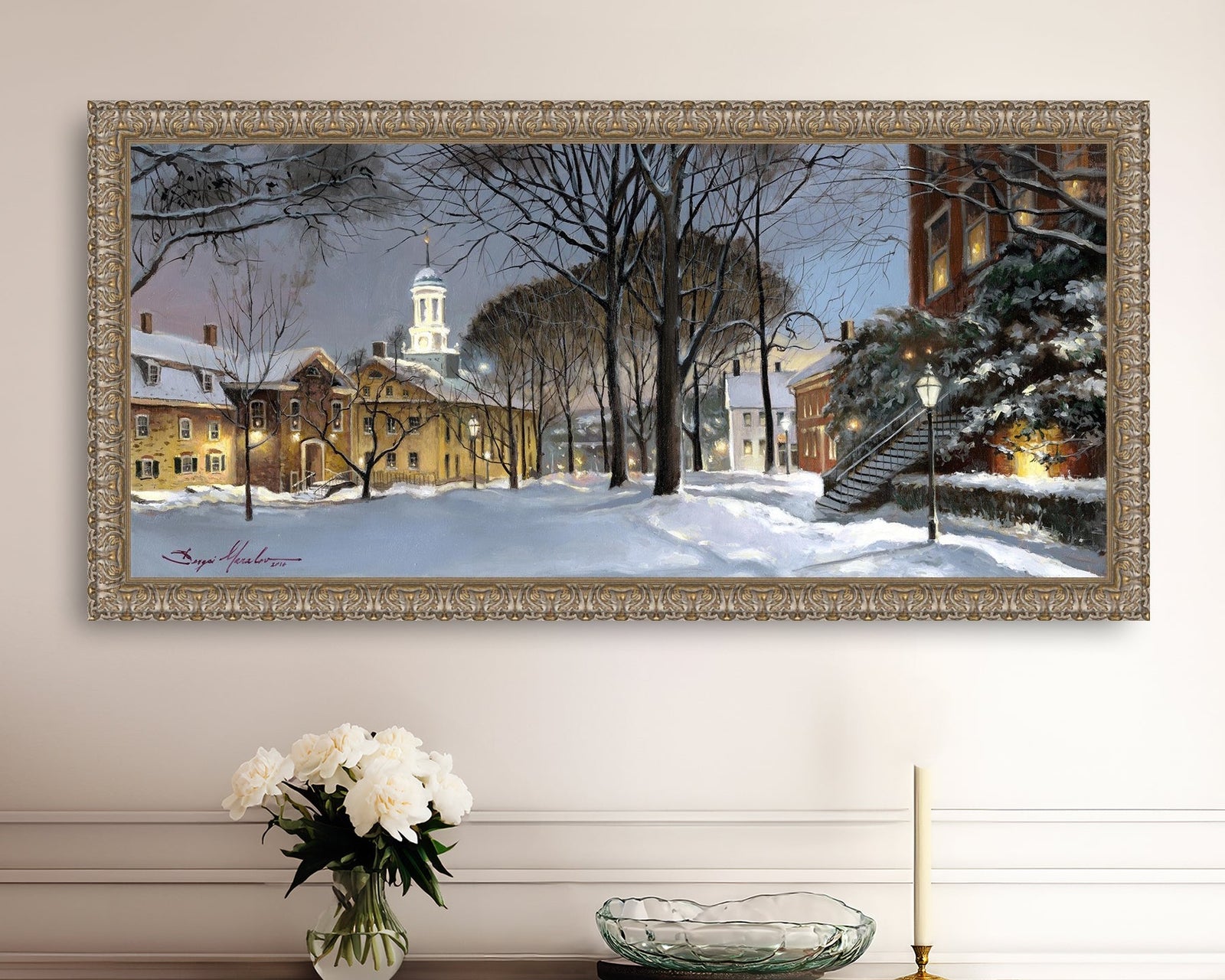 Snowy Winter Night, Moravian Academy scene with Moravian Church and trees.