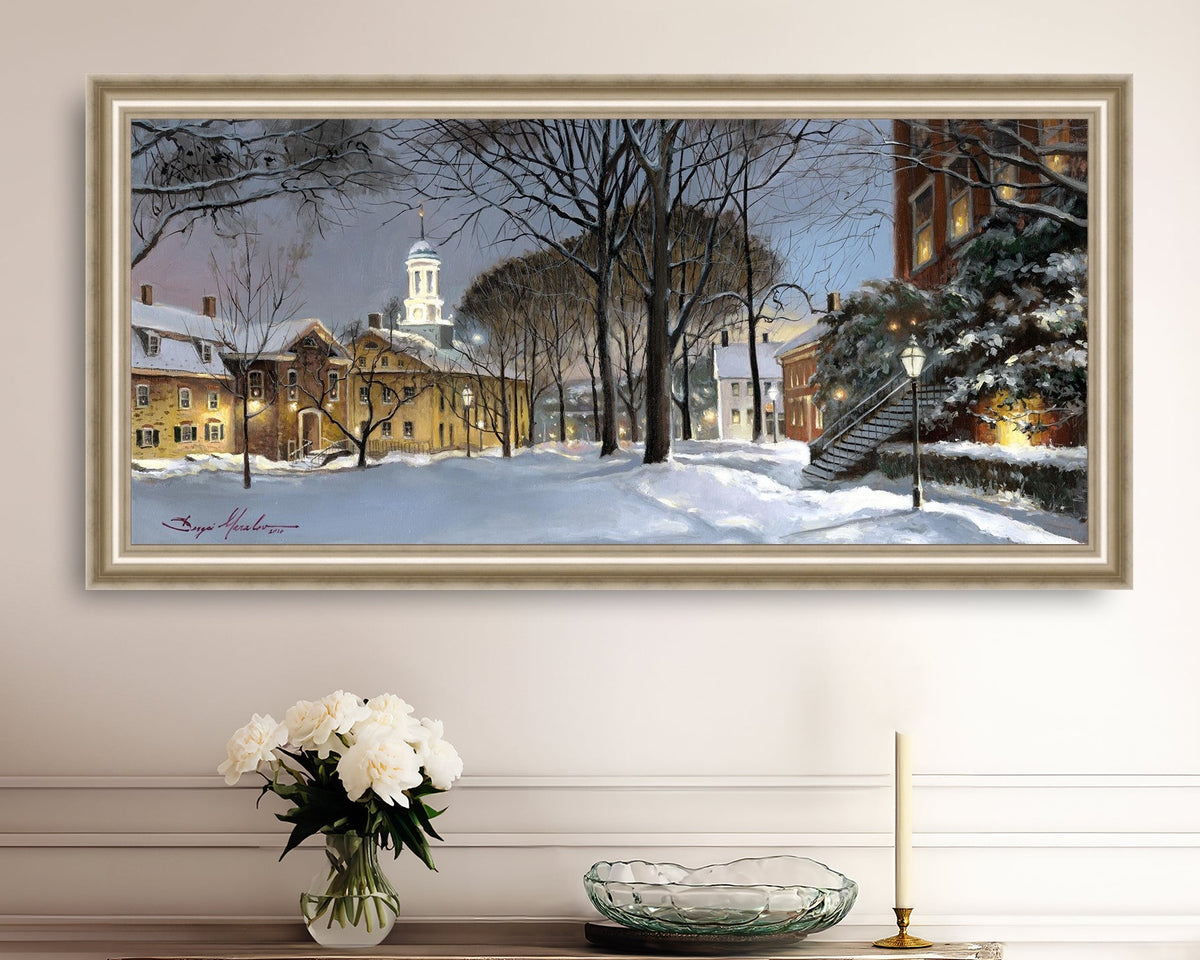 Snowy Winter Night, Moravian Academy scene with Moravian Church and trees.