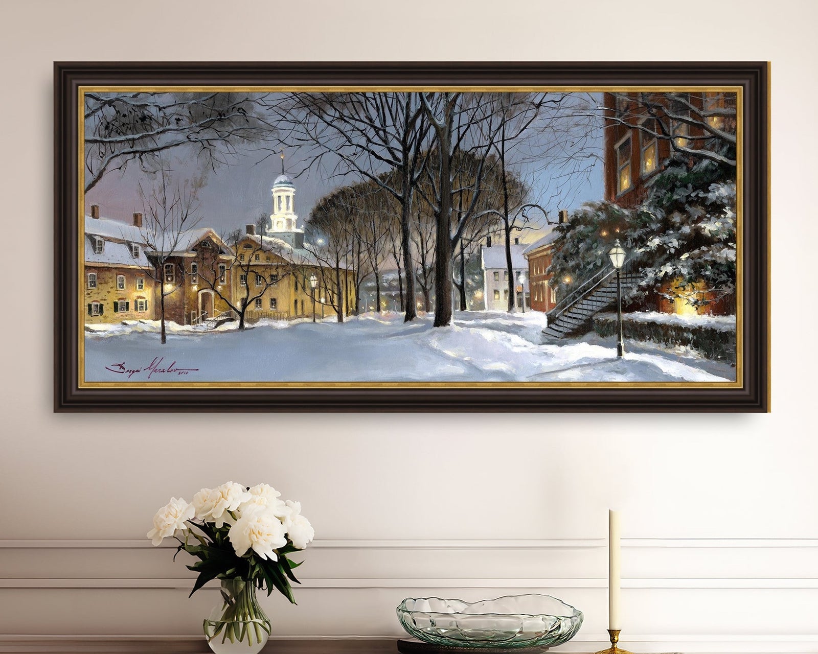 Snowy Winter Night, Moravian Academy scene with Moravian Church and trees.