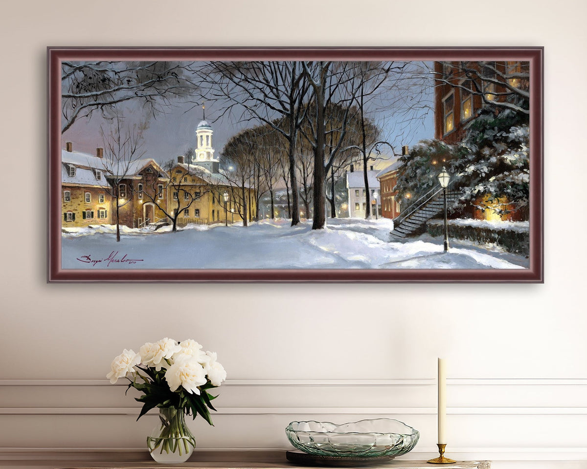 Snowy Winter Night, Moravian Academy scene with Moravian Church and trees.
