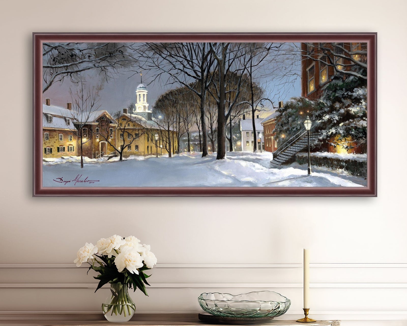 Snowy Winter Night, Moravian Academy scene with Moravian Church and trees.
