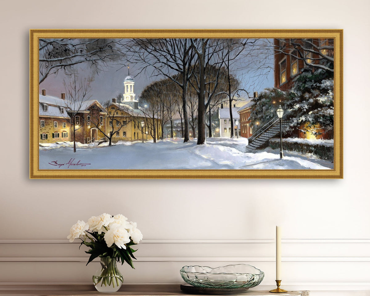 Snowy Winter Night, Moravian Academy scene with Moravian Church and trees.