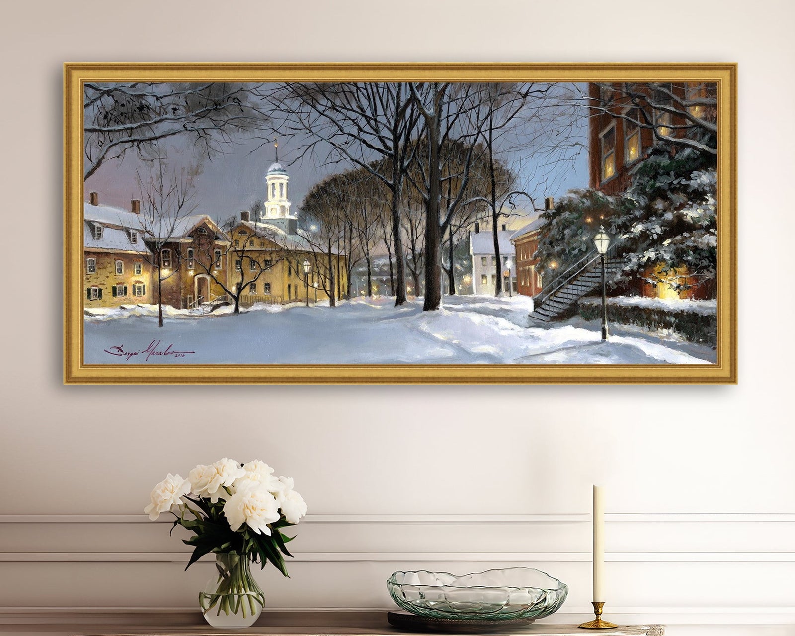 Snowy Winter Night, Moravian Academy scene with Moravian Church and trees.