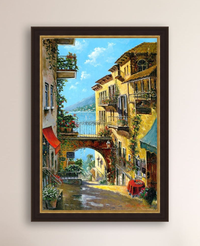 A vibrant canvas print depicting a narrow street with arches and balconies, Lake Como