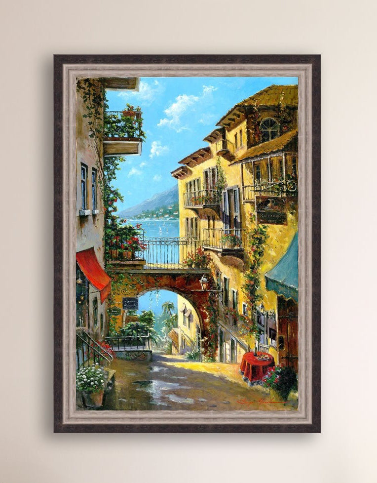 A vibrant canvas print depicting a narrow street with arches and balconies, Lake Como